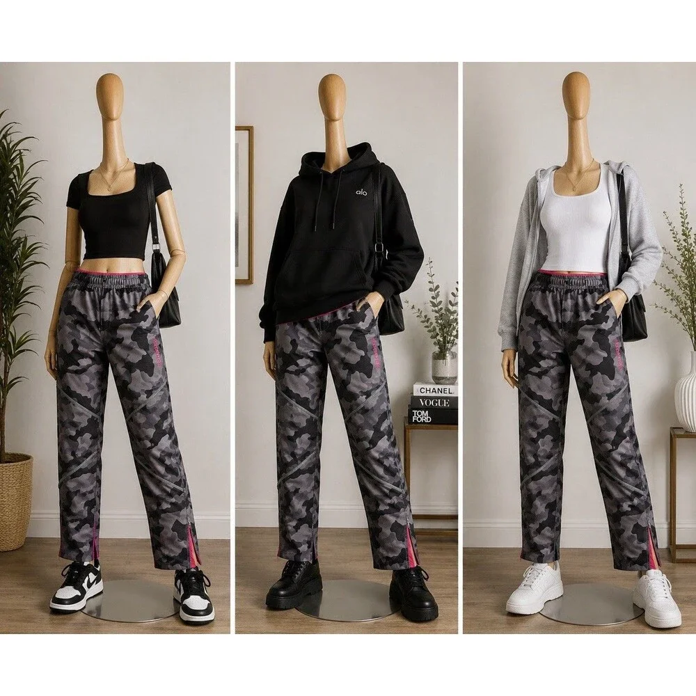 Reebok Women’s Leggings SizeL Black/Gray Camo Leggings Pink Trim Compression